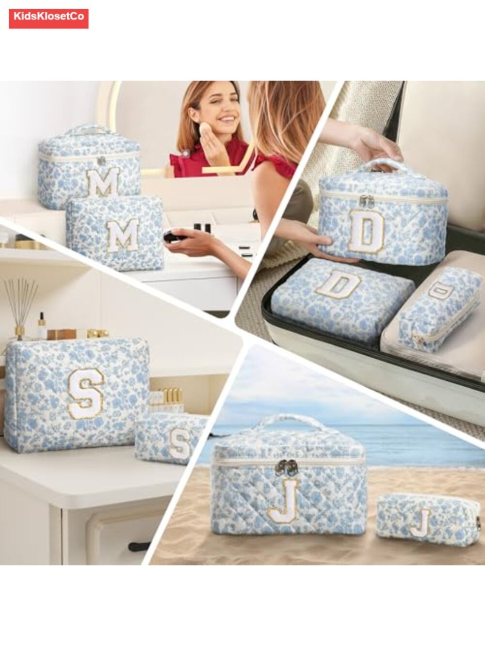 Personalized Initial Quilted Makeup Bag Set, Floral Cosmetic Toiletry Travel - Picture 4 of 6